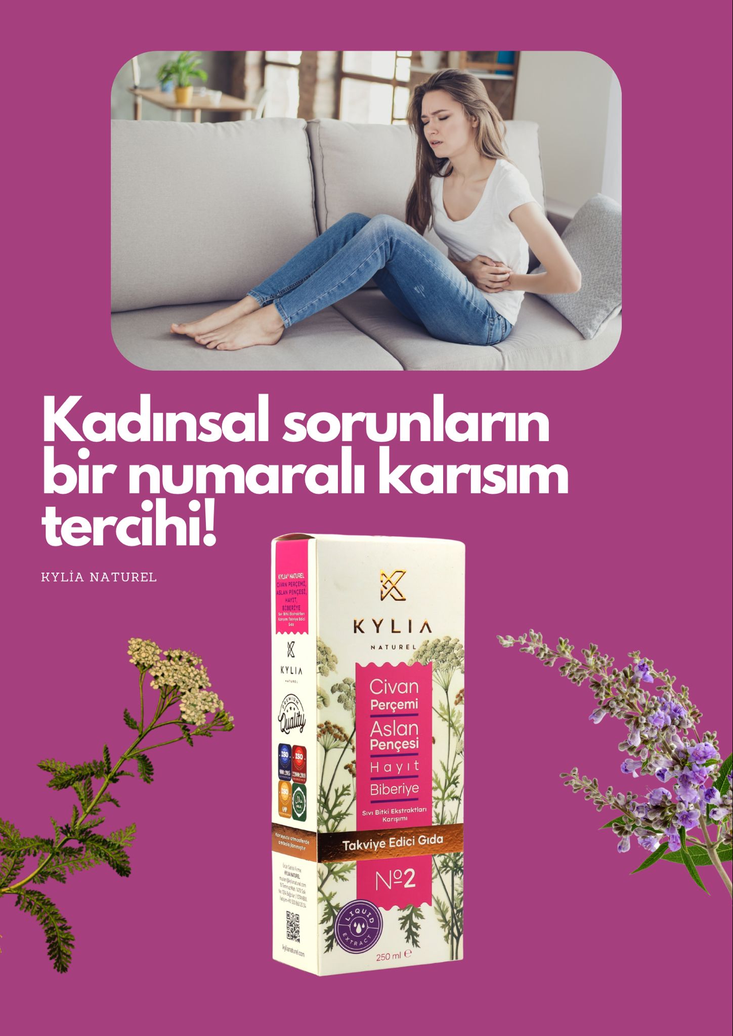 KYLİA Civan Perçemi, Aslan Pençesi, Hayıt, Biberiye Ekstraktı (Ekstresi)   Sıvı Takviye Edici Gıda 250 Ml.