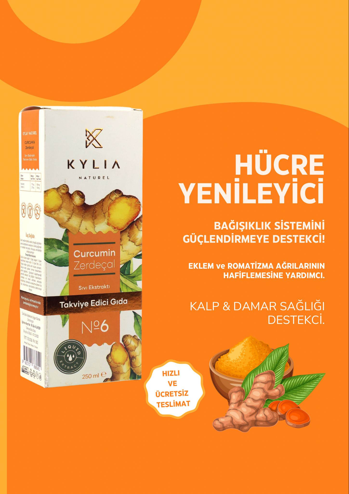 KYLİA Curcumin (ZERDEÇAL) Ekstraktı (Ekstresi) Sıvı Takviye Edici Gıda 250 Ml.